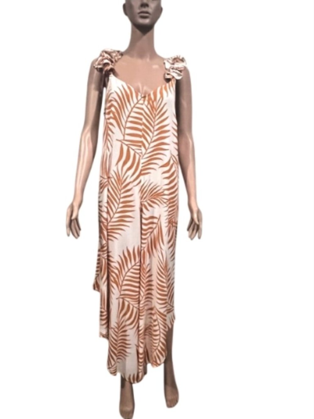 MSK Burnt Orange Leaf Print Ruffle Strap Jumpsuit L High Low Hem Summer Resort
